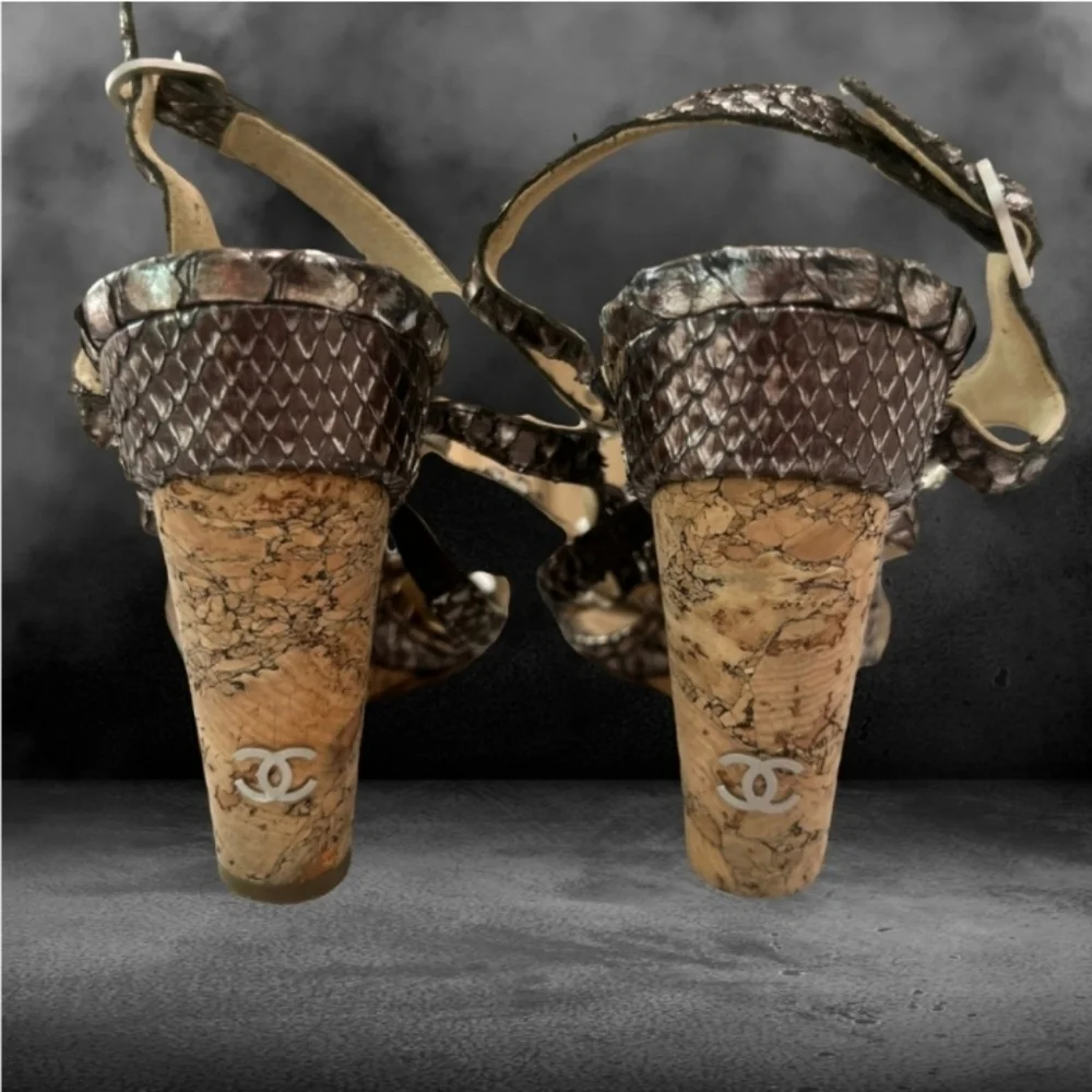 Chanel Camelia Python Leather Wedge Sandals Size 39